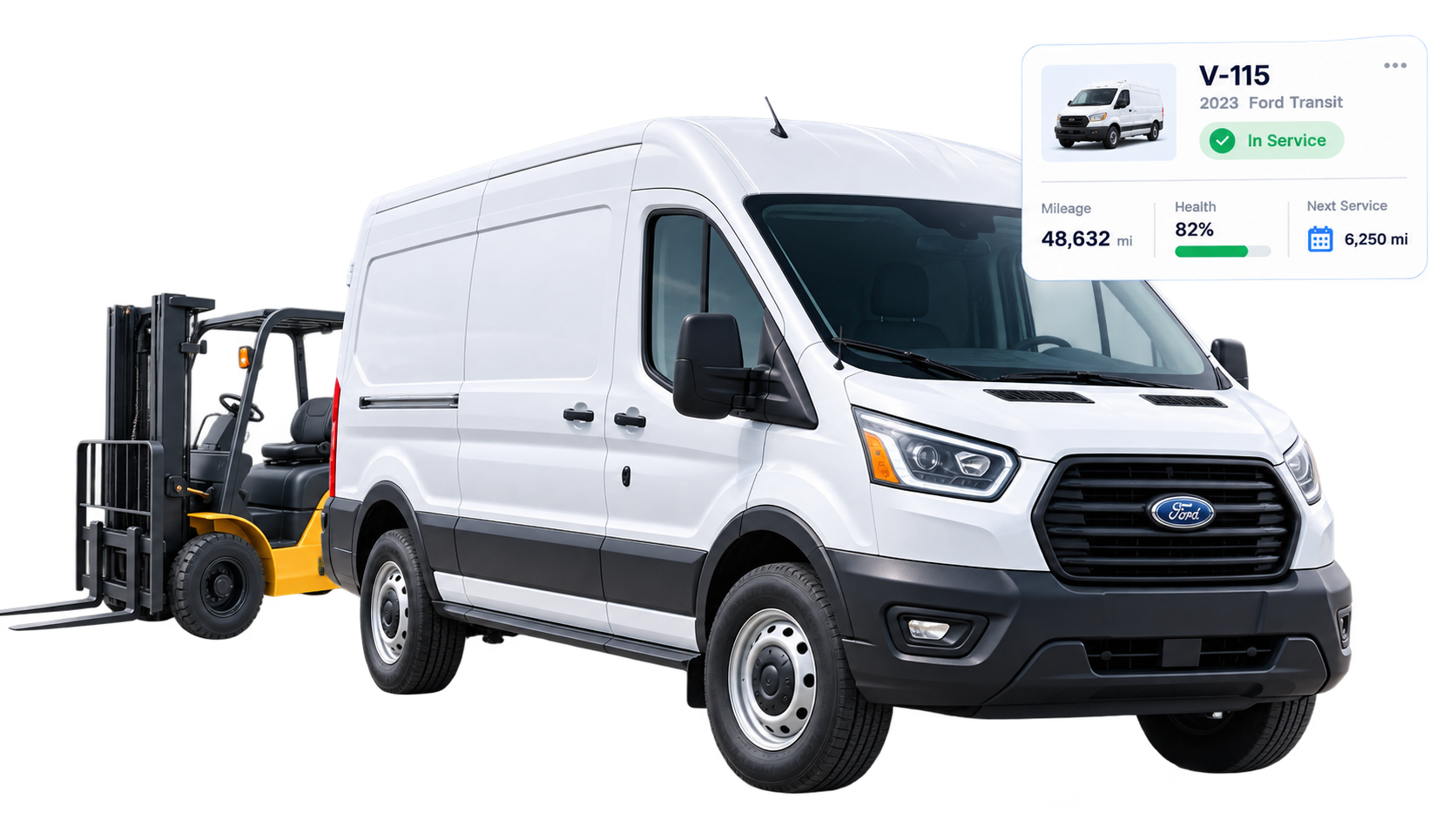 Service van and forklift with a vehicle status card showing mileage, health, and next service for V-115