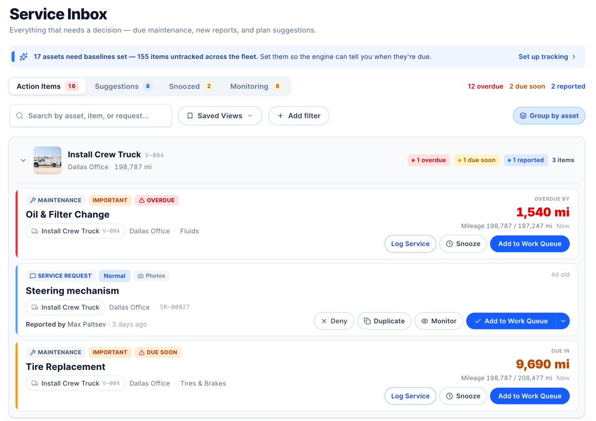 Service Inbox with action items, suggestions, and overdue maintenance for a crew truck, each ready to log, snooze, or add to the work queue