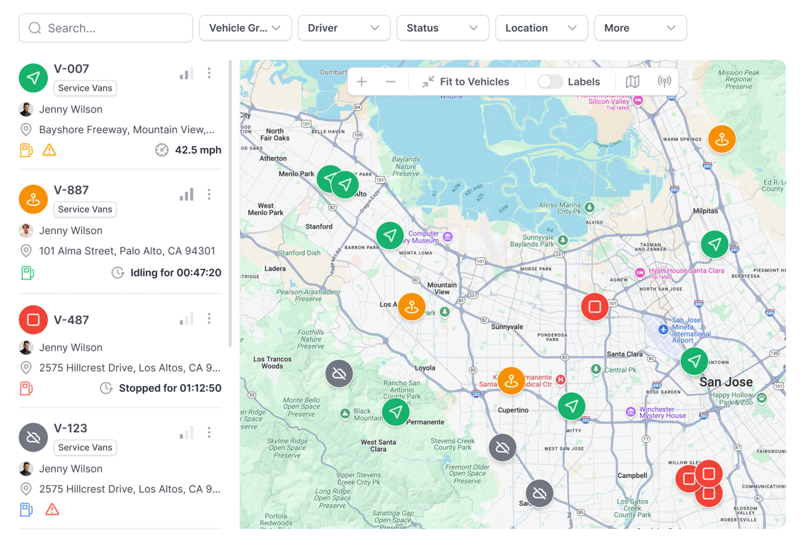 Live fleet map with vehicle statuses — moving, idling, and stopped vans — beside a searchable vehicle list