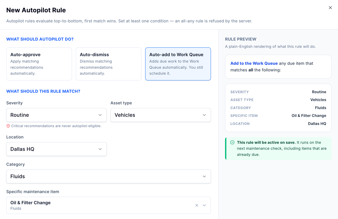 New Autopilot Rule dialog that auto-adds due maintenance to the work queue, with a plain-English rule preview
