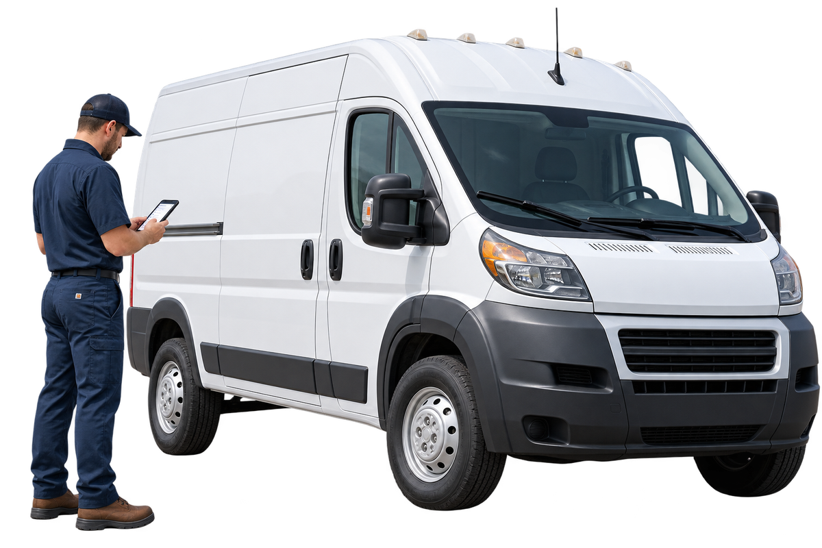 Technician running a mobile inspection on his phone next to a white service van