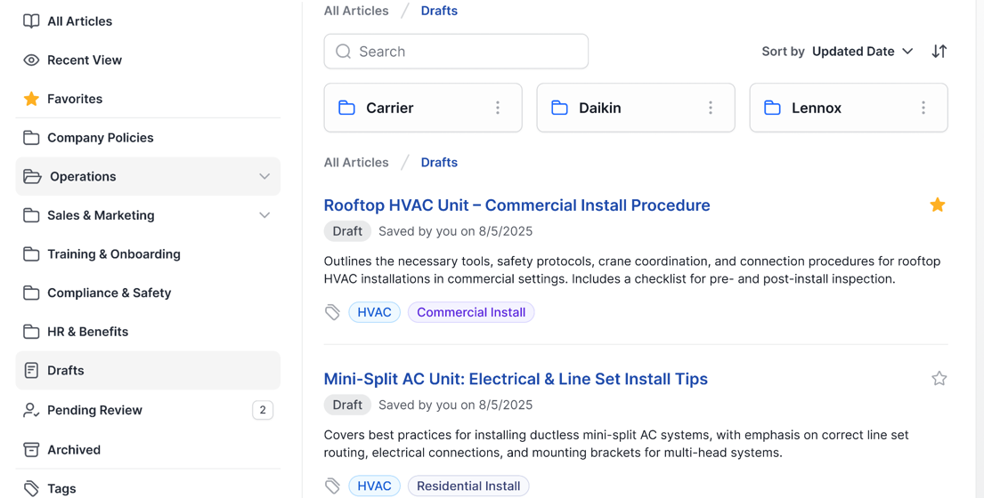 Knowledge Hub with organized folders, tag filters, and draft install-procedure articles for HVAC equipment
