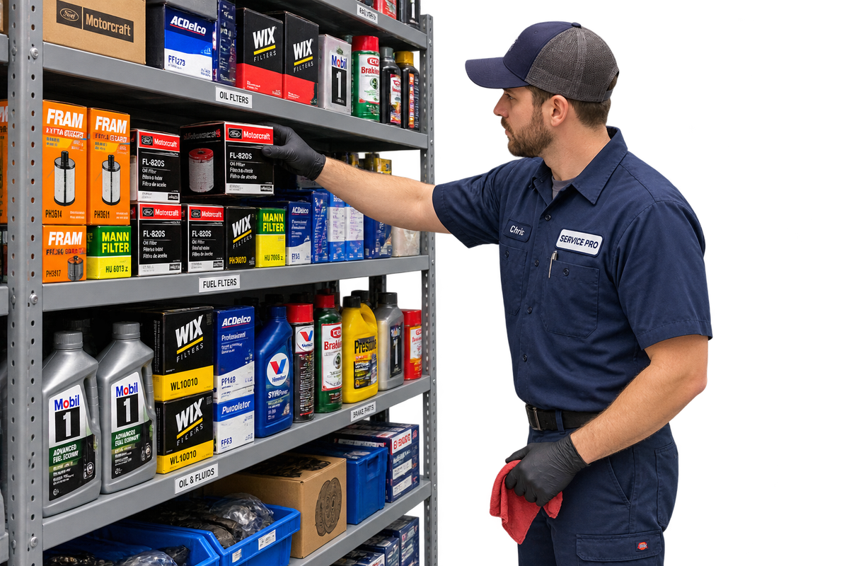 Technician pulling an oil filter from an organized parts shelf