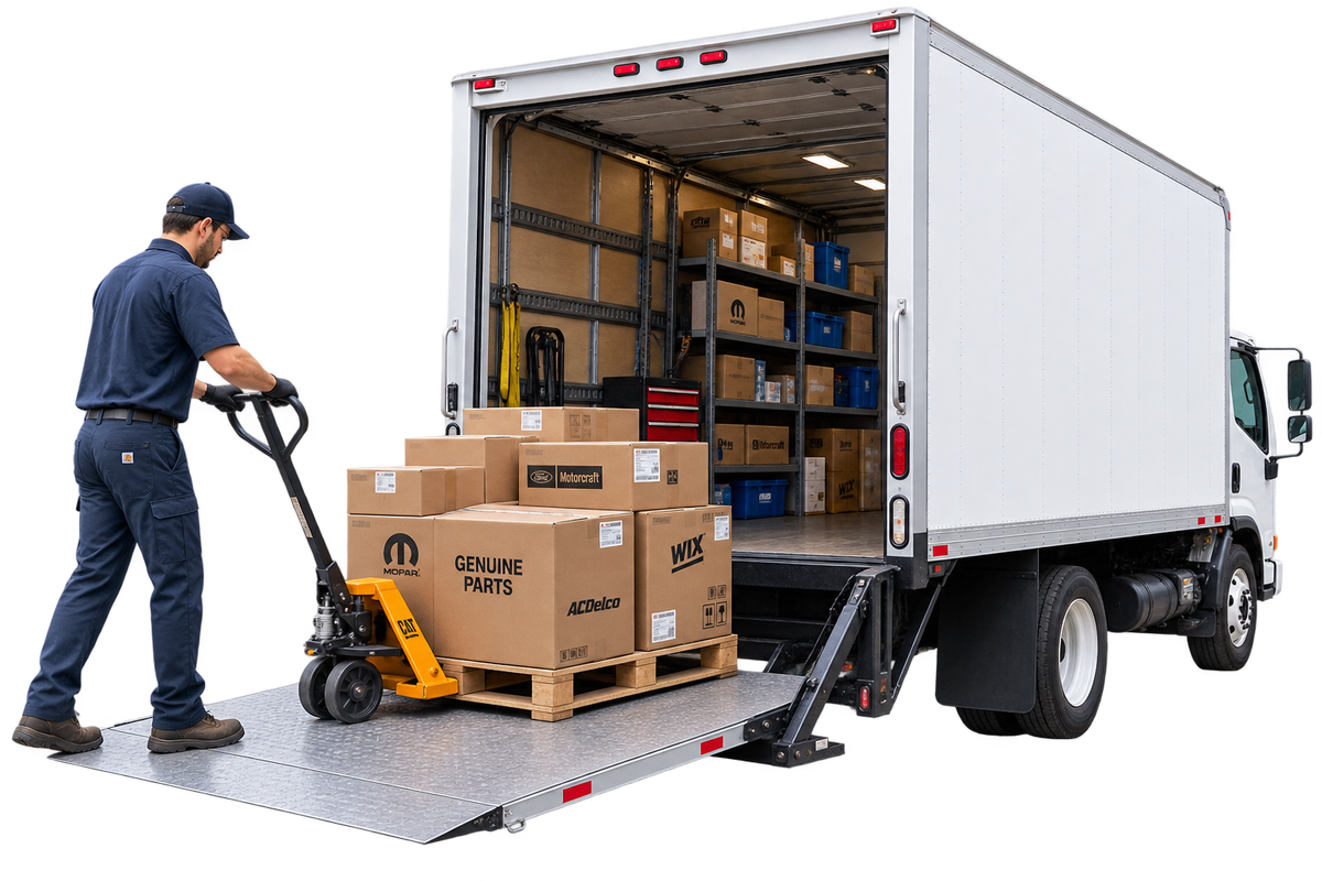 Parts delivery arriving — a pallet of boxed parts unloaded from a box truck with a pallet jack