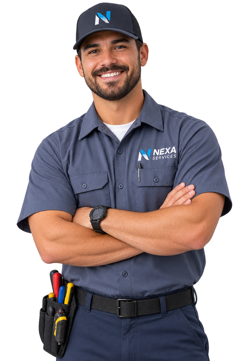 Smiling service technician in uniform with arms crossed