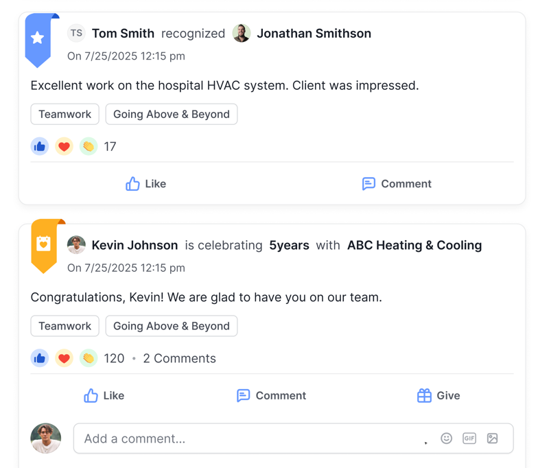 Recognition feed with a shout-out for excellent HVAC work and a five-year anniversary celebration with reactions and comments