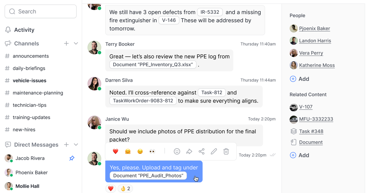 Team chat thread about a safety audit with work orders, tasks, and documents mentioned in messages, and related vehicles and tasks in a side panel