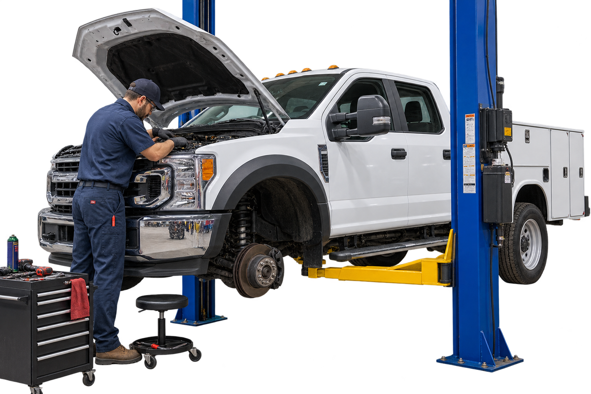 Mechanic working under the hood of a service truck on a lift in the shop